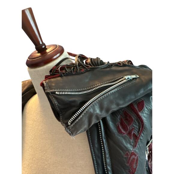 Vintage Dallas Leather Fringe Jacket Brown w/ Burgundy Rose Embroidery Size 10 - Picture 11 of 12